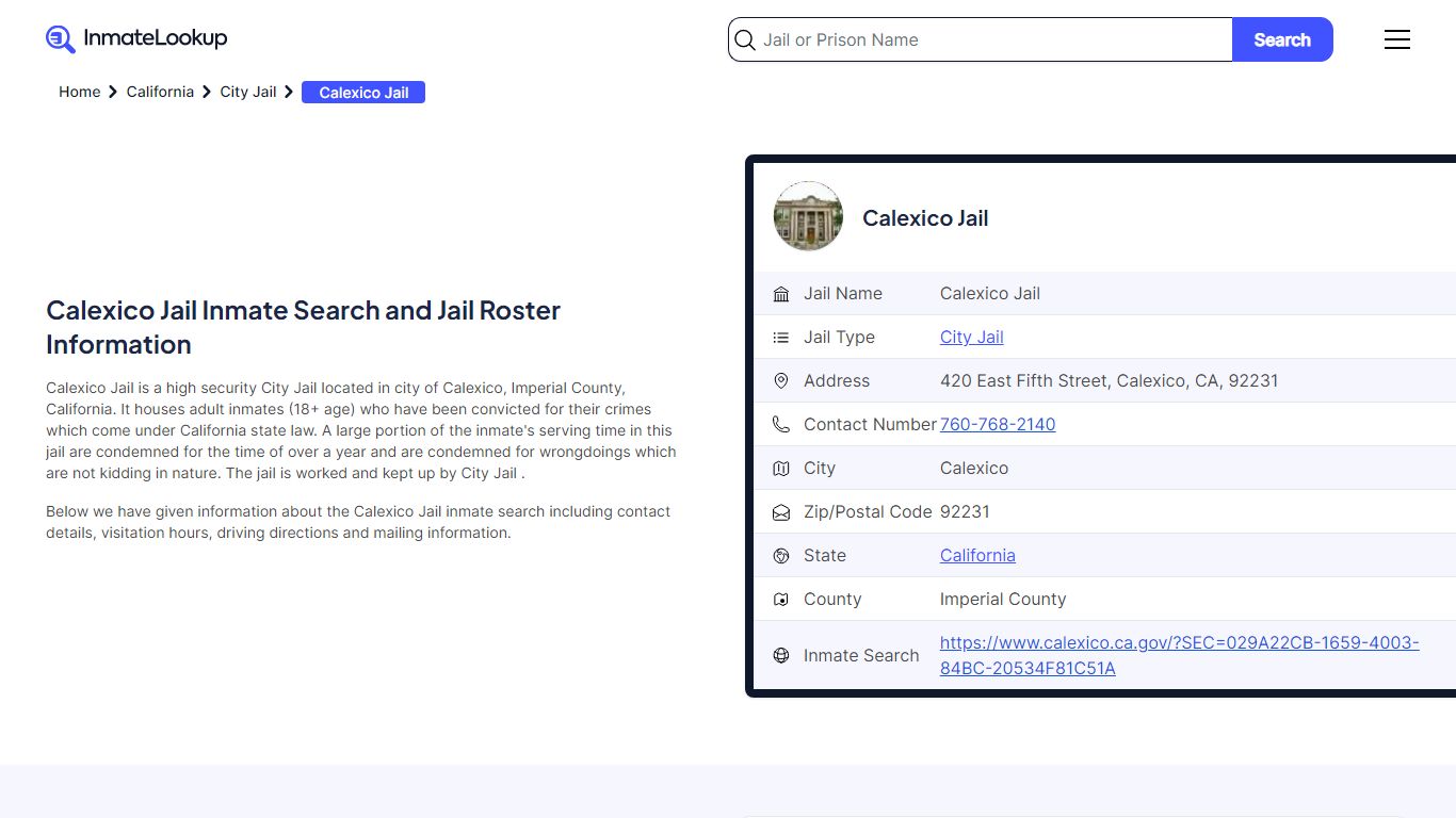 Calexico Jail Inmate Search and Jail Roster Information